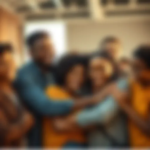 A group of diverse people sharing a supportive moment, smiling and comforting each other, symbolizing hope during tough times.