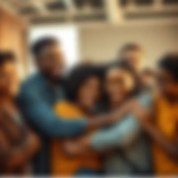 A group of diverse people sharing a supportive moment, smiling and comforting each other, symbolizing hope during tough times.