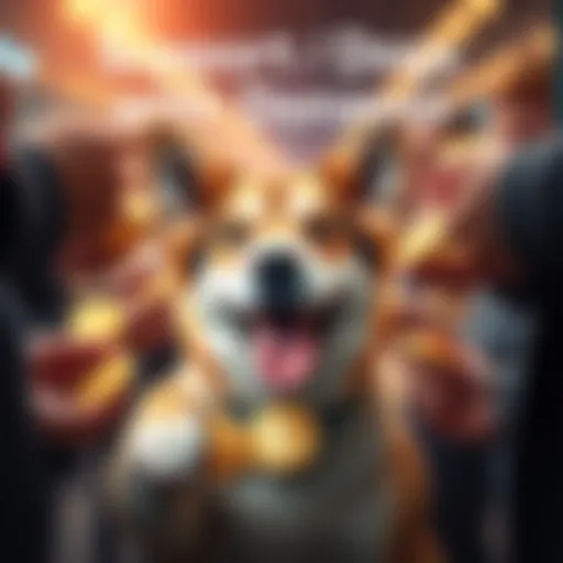 A happy dog surrounded by people holding DOGE coins, symbolizing a donation campaign to help dogs in need.