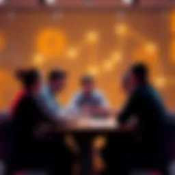A group of people discussing digital cash security and quantum technology at a meeting