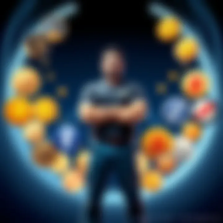A person confidently standing with arms crossed, surrounded by symbols of various cryptocurrencies, showcasing confidence in the crypto market.