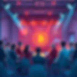 A group of Kaspa supporters gathering to discuss strategies and support for the cryptocurrency project, with banners and charts in the background.