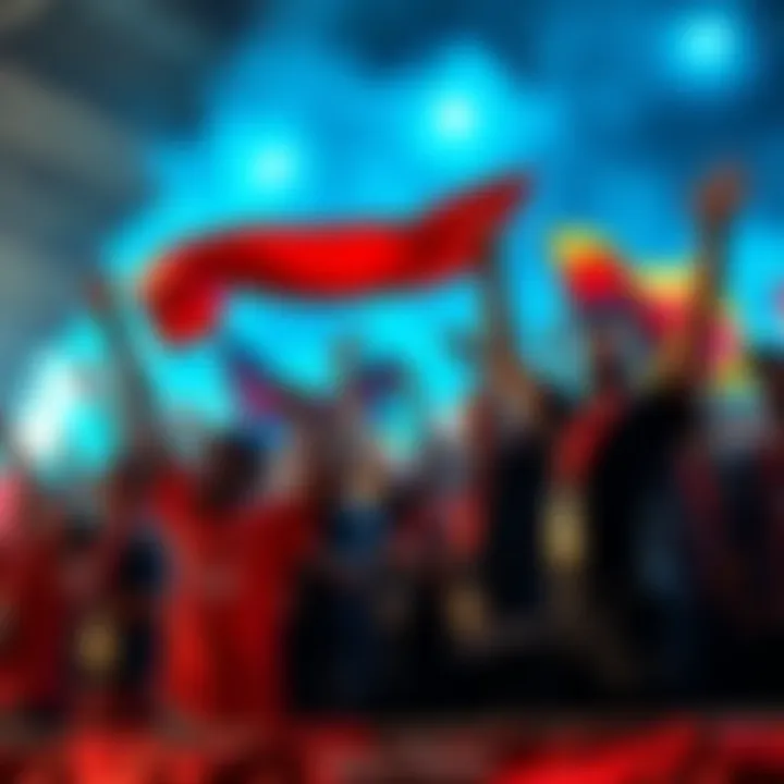 A group of fans joyfully celebrating with banners and team colors, showing unity and trust in their team.