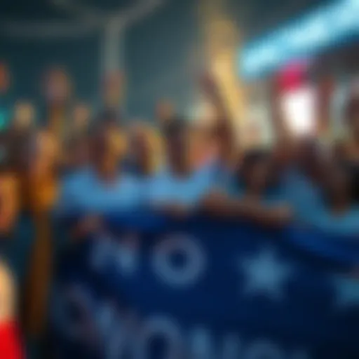 Group of people smiling and celebrating around a large banner of a trending topic