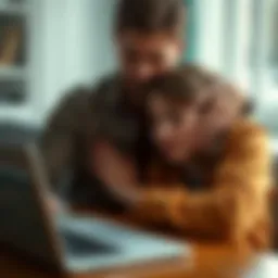 A friend comforting another person who looks worried about their Bitcoin investment, with a laptop showing cryptocurrency graphs in the background.