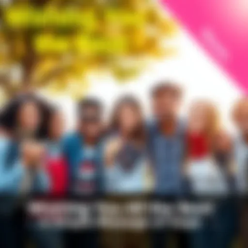 A diverse group of friends smiling and encouraging each other outdoors, representing kindness and support