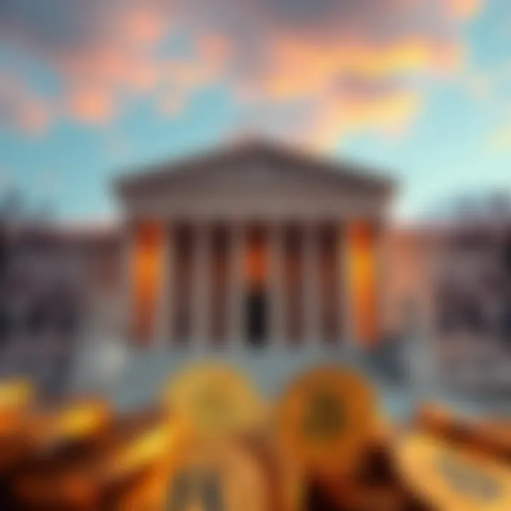 Supreme Court building with Bitcoin and crypto coins in the foreground, symbolizing the impact of tariffs on the crypto market