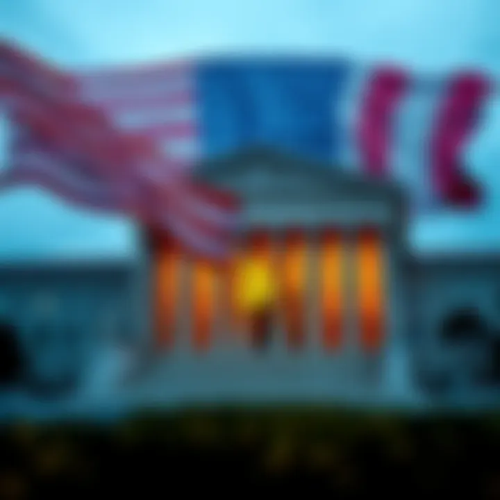 Supreme Court building with an American flag, symbolizing the ruling against Trump's tariffs, while a Bitcoin symbol is faintly visible in the background.