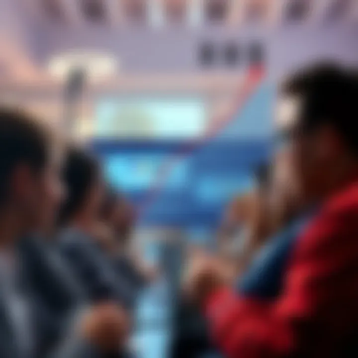 A graph showing a sharp increase in Google searches for 'Buy Bitcoin,' with diverse people looking at screens, indicating growing interest in cryptocurrency investments.