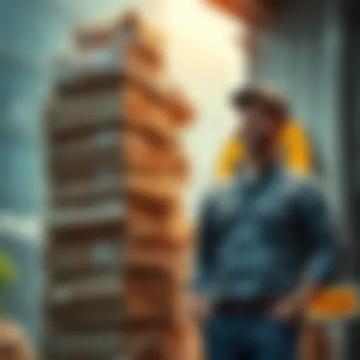 A man stands proudly beside a massive stack of parcels representing his 32x growth in parcel count. He smiles at his achievement, showcasing the scale of his success.