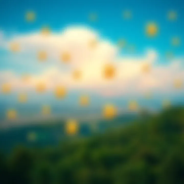 A scenic view of Suriname's lush landscape with digital currency symbols overlaying the skyline, representing the nation's exploration into cryptocurrency.