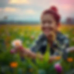 A person unexpectedly finds a beautiful flower blooming in a lush green field, smiling with joy at the discovery.
