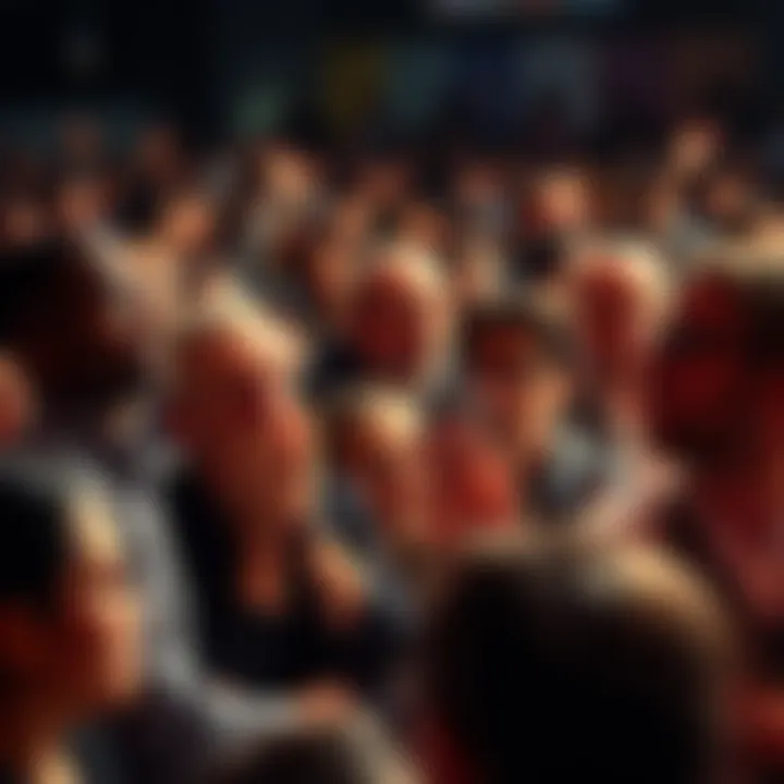 Surprised crowd reacts A large group of people looking shocked and discussing among themselves after an unexpected announcement.