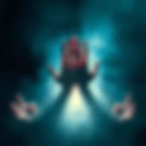 A surreal creature emerging from darkness, featuring hands in place of a face and glowing light underneath.