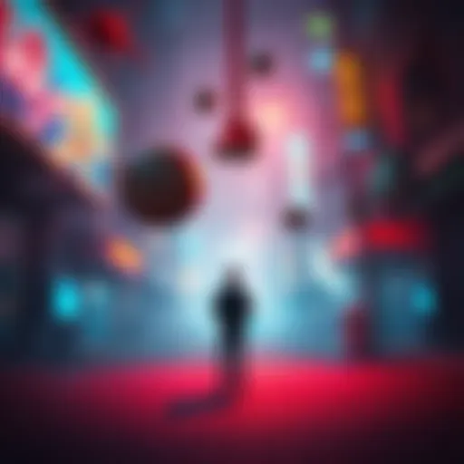 A person standing in a confusing urban setting with strange objects floating around, showing the oddities of modern life.