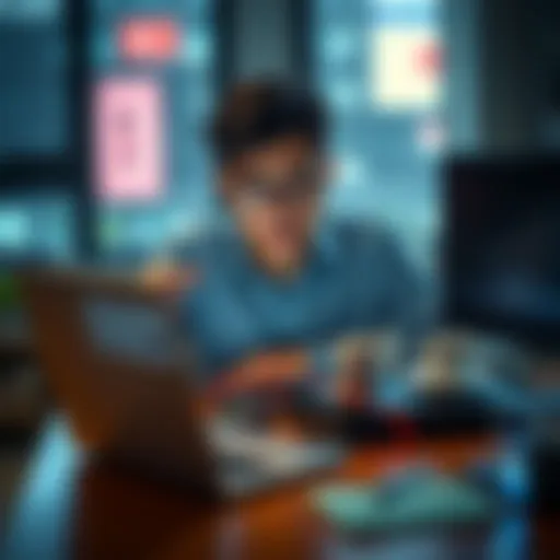 A frustrated individual sitting at a desk with a laptop, looking at a screen with a survey error message, showing their feelings of confusion and disappointment after moving to Japan.