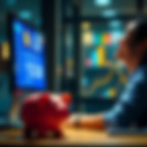 A person happily looks at a screen showing survey rewards totaling $538, with a piggy bank beside them, symbolizing savings.