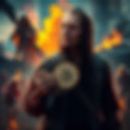Survivor with Bitcoin Wallet A person holding a Bitcoin wallet while surrounded by chaos from an apocalyptic event, such as fires and zombies in the background.