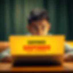 A person looking worried while checking their bank account on a laptop with a message indicating suspended withdrawals and deposits.