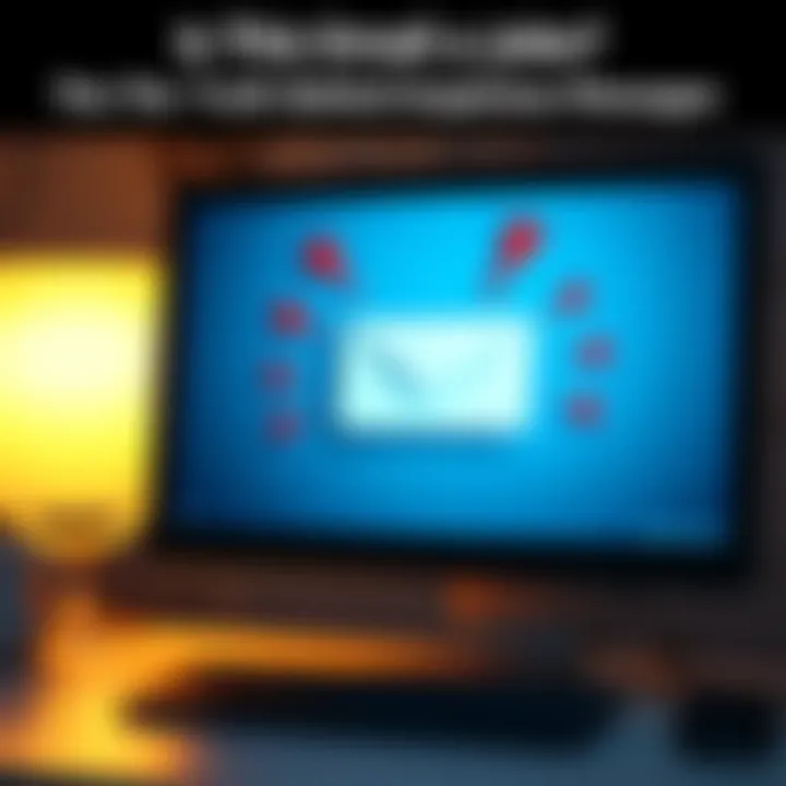 A computer screen displays a suspicious email with warning signs like red flags and exclamation marks