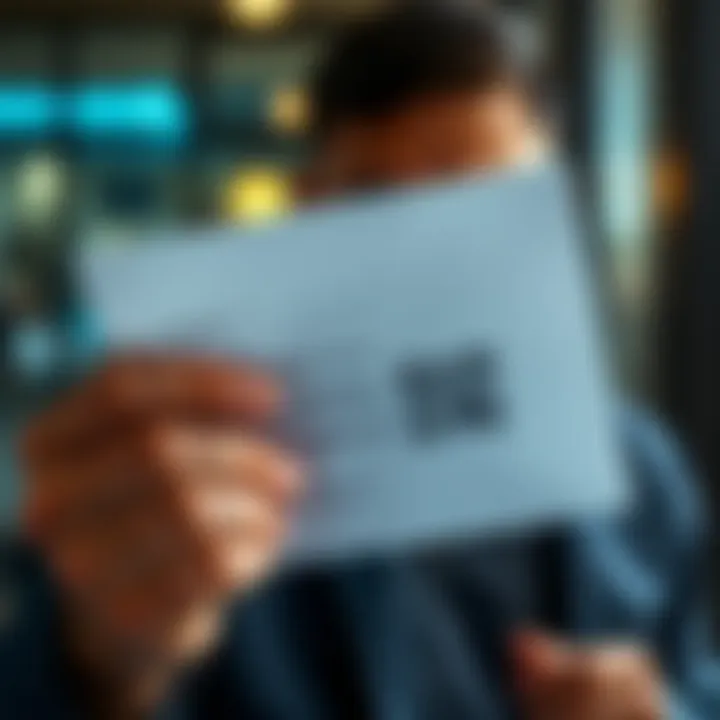 A person examining a deceptive letter that may be a phishing attempt, with a QR code visible on it.