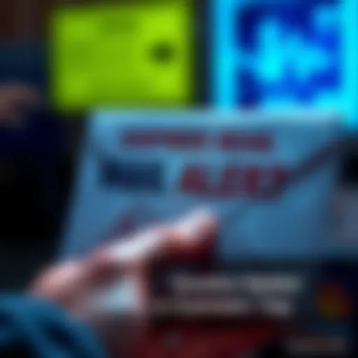 A close-up of a suspicious envelope marked with warning signs, indicating a scam alert, with a person's hand hesitating to open it.