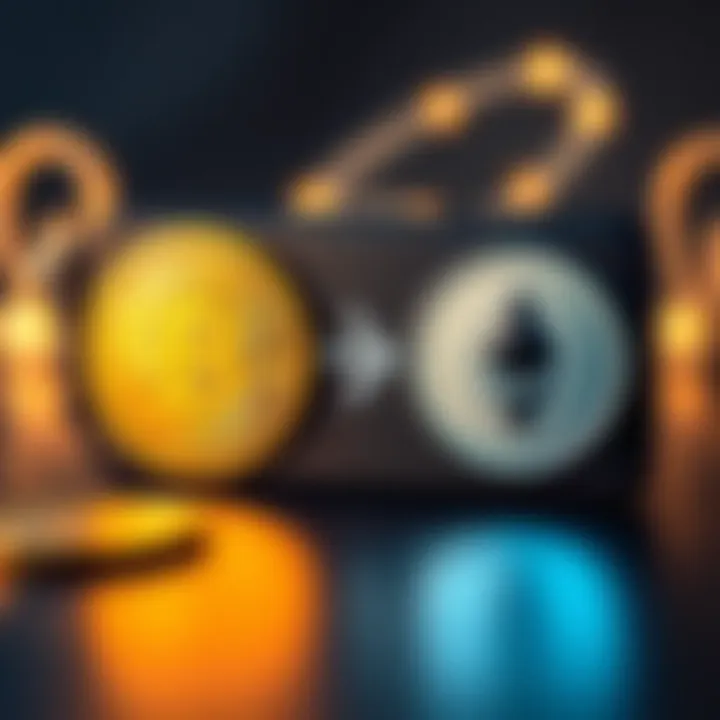 A Ledger hardware wallet displaying Bitcoin and Ethereum logos, with an arrow indicating a swap between the two cryptocurrencies.