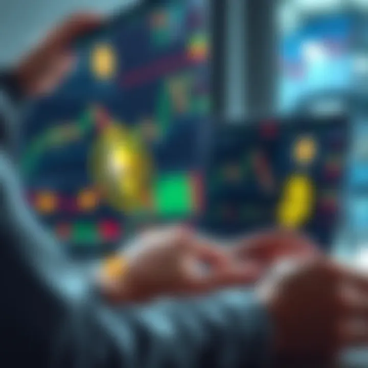 A person using a laptop to exchange Monero for Bitcoin on a trusted platform, showing charts and digital currency symbols