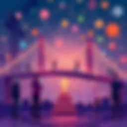Illustration showing people exchanging digital assets between different blockchain networks using bridges and DEX aggregators.