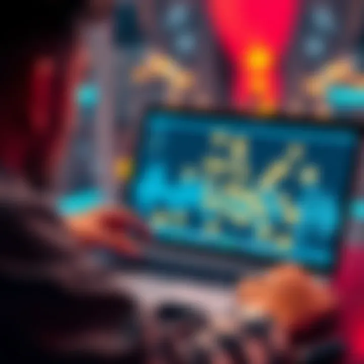 A person using a laptop to swap cryptocurrency from a cold wallet, with digital coins on the screen.