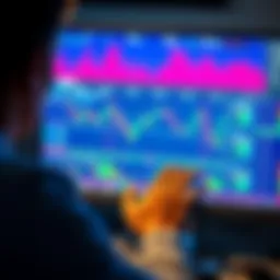 A person looking at a computer screen displaying graphs and charts for trading ETH and BTC.