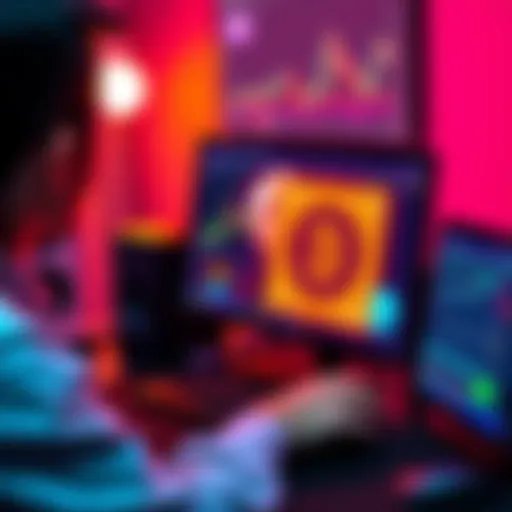 A person using a computer to swap ETH on a non-custodial platform, showing cryptocurrency graphics on the screen.