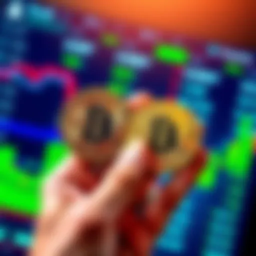 A hand holding Bitcoin and USDT coins with a digital exchange interface in the background