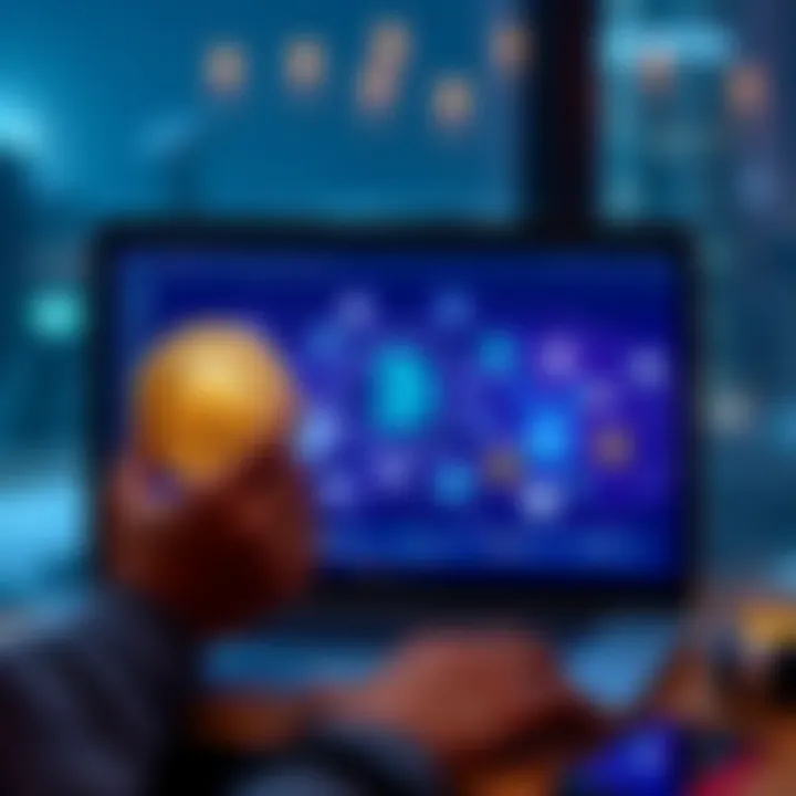 A person using a laptop to swap cryptocurrencies without KYC, showing a digital wallet and various crypto icons on the screen.