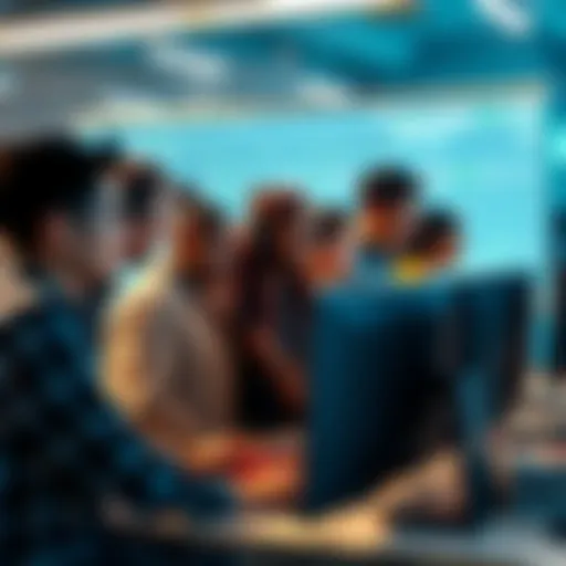 A team of diverse blockchain developers working together on a project with computers and digital codes around them.