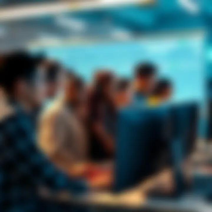 Swift Blockchain Hiring A team of diverse blockchain developers working together on a project with computers and digital codes around them.