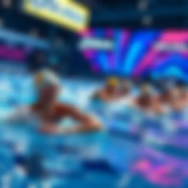 A group of swimmers competing in a unique event called Spe*m Racing, with bright colors and a digital display showing Solana branding in the background.