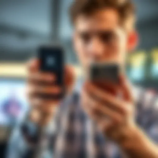 A person holding an iPhone in one hand and an Android phone in the other, looking at both devices with a thoughtful expression.