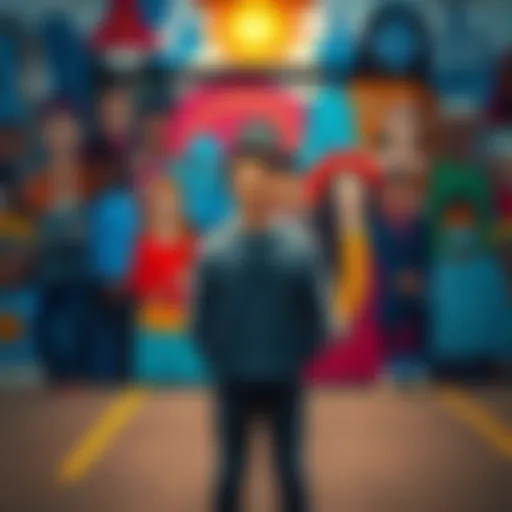 A person standing in front of a mural representing diverse identities and ideologies, reflecting the concept of TRVE ARYANS in modern society.