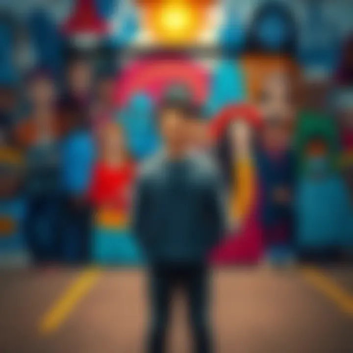 A person standing in front of a mural representing diverse identities and ideologies, reflecting the concept of TRVE ARYANS in modern society.