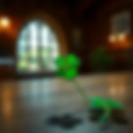 A four-leaf clover on a wooden table, representing luck and fortune.