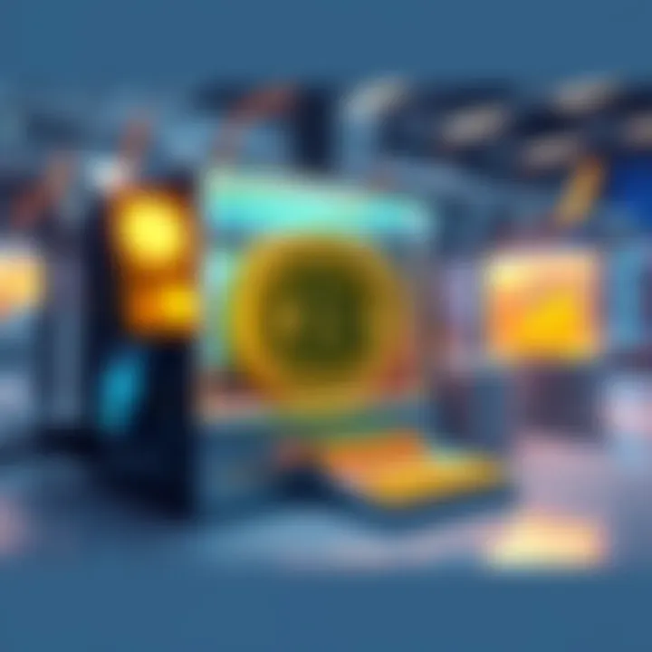 Illustration of a synthetic bitcoin yield machine, showing digital assets and investments in a modern crypto environment.
