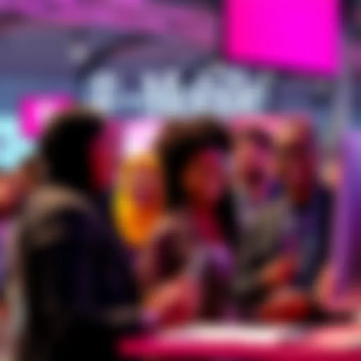 A group of diverse people participating in a T-Mobile hiring event, smiling and engaging with recruiters.