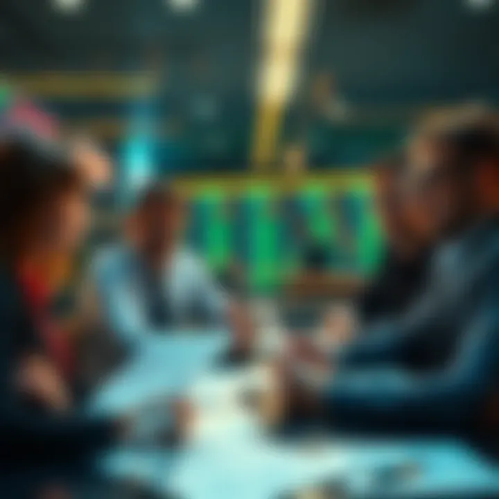 Business team discussing strategies to prevent insider trading during political conflicts, with charts and documents on the table.