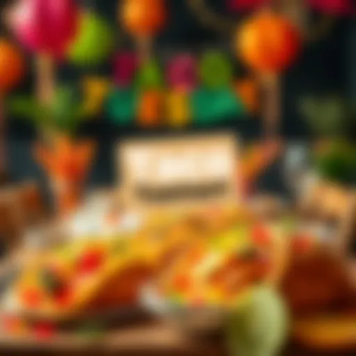 A festive table with tacos, colorful decorations, and a Bitmart card on top, celebrating Taco Tuesday.