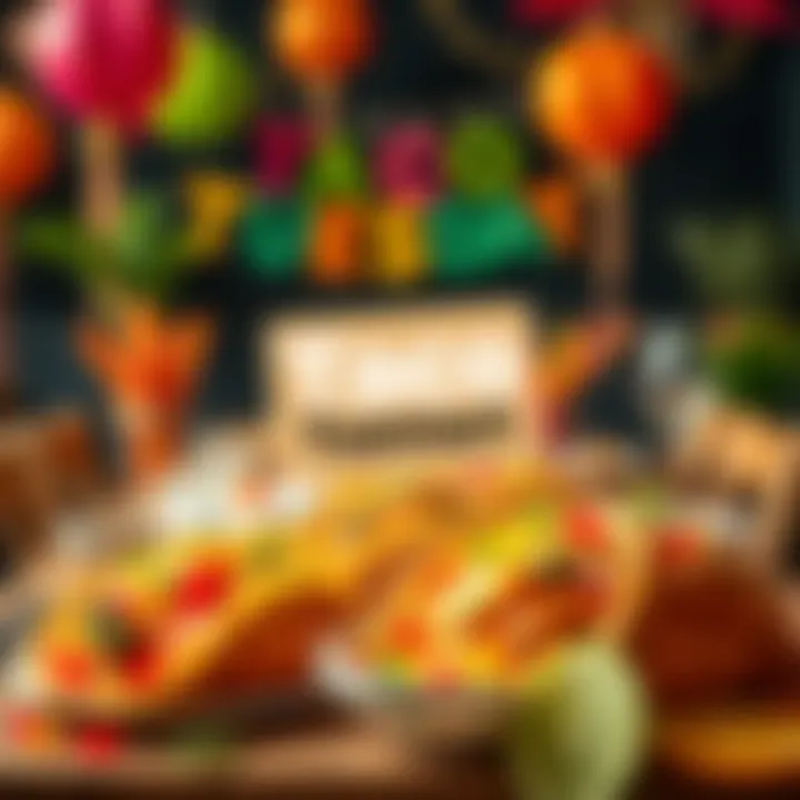 A festive table with tacos, colorful decorations, and a Bitmart card on top, celebrating Taco Tuesday.