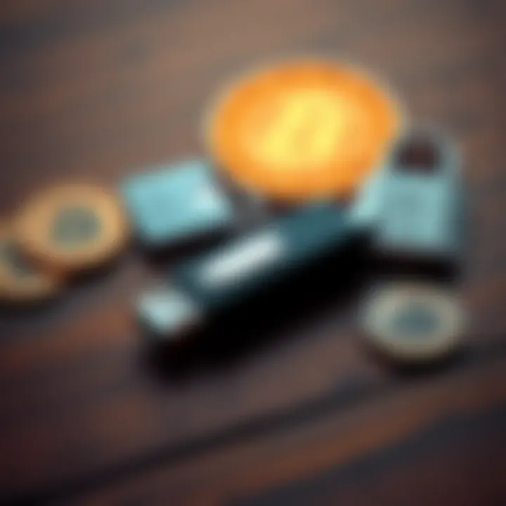 A Tails USB stick placed on a wooden table alongside Bitcoin symbols and a secure lock