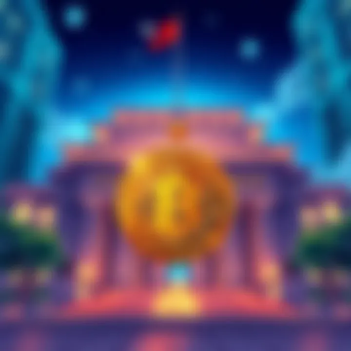 An illustration showing Taiwan's central bank building with a Bitcoin symbol in front, symbolizing the exploration of Bitcoin as a reserve asset.