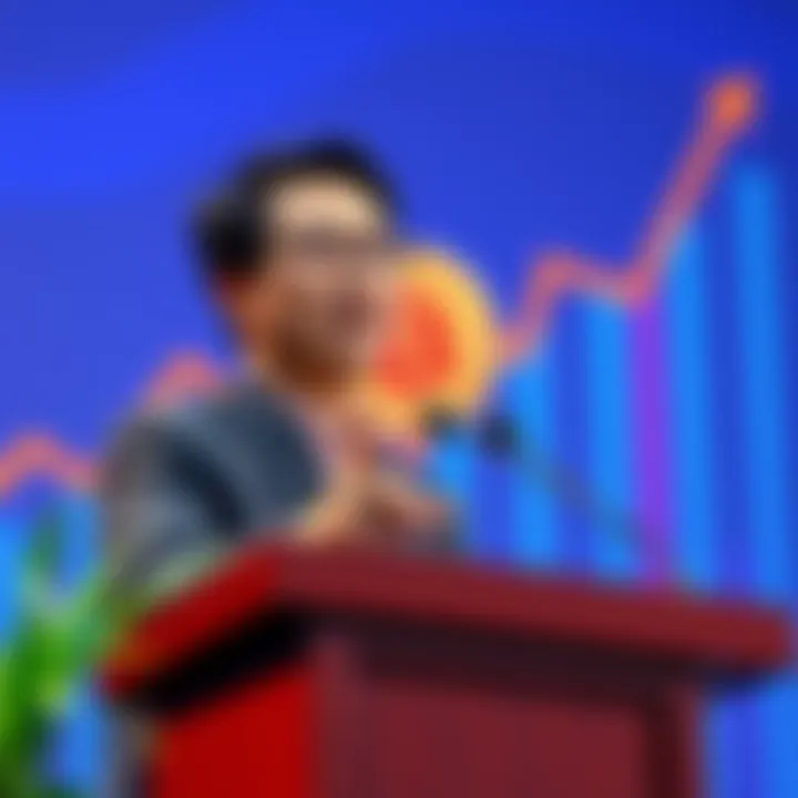 A Taiwanese lawmaker speaking at a podium about Bitcoin and cryptocurrencies, with a graph showing upward trends in the background.