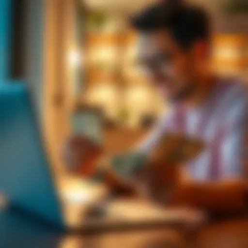 A person smiling while looking at their investment portfolio on a laptop with cash in hand